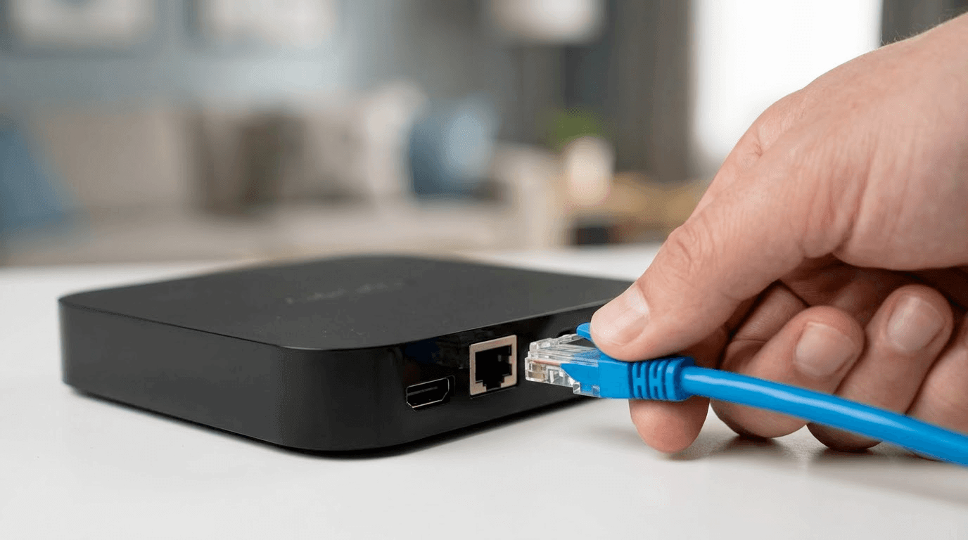Close up of a blue ethernet cable being plugged into an Android TV box to fix IPTV buffering.