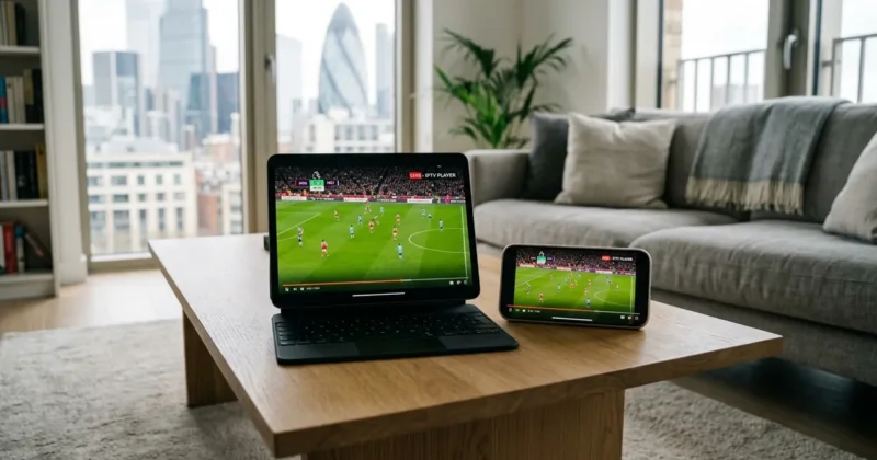 Setup Guide & Best Apps:Apple iPhone and iPad Pro streaming live football match on IPTV app in London flat