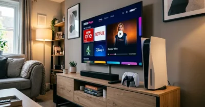 Setup Guide & Best Apps:PlayStation 5 console and controller next to 4K TV streaming IPTV apps