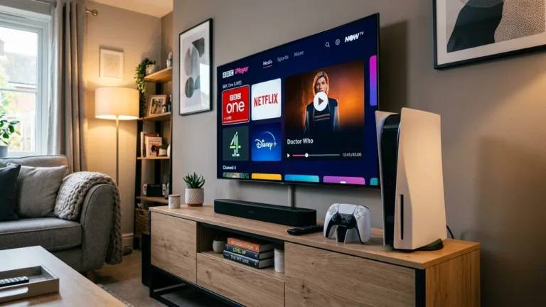 Setup Guide & Best Apps:PlayStation 5 console and controller next to 4K TV streaming IPTV apps