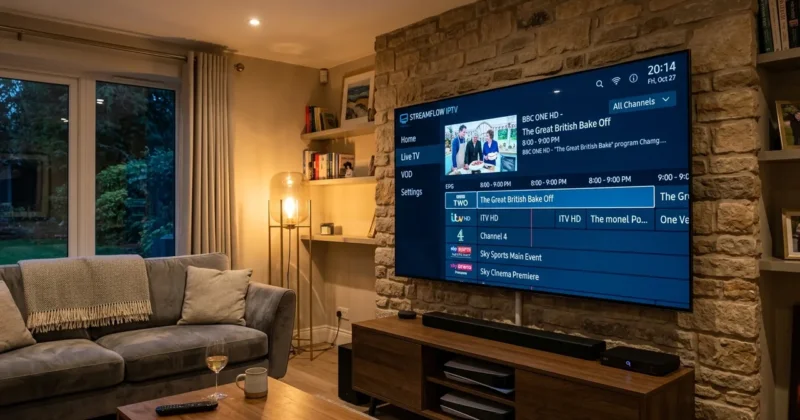 Setup Guide & Best Apps:Samsung Neo QLED Smart TV with Tizen OS streaming menu displaying IPTV player app in modern UK lounge
