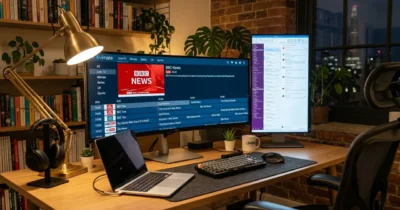 Setup Guide & Best Apps:Dual monitor home office desk setup with ultrawide screen running desktop IPTV app