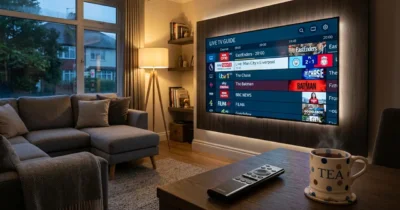 Full Comparison & Savings:Modern UK living room with 65-inch Smart TV showing live sports and entertainment TV guide