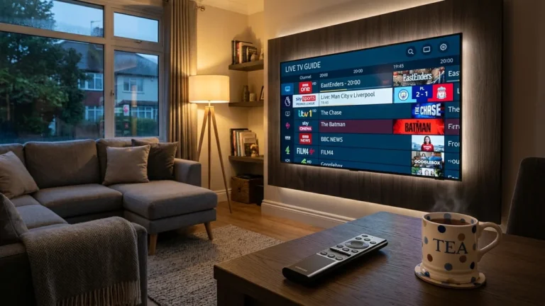 Full Comparison & Savings:Modern UK living room with 65-inch Smart TV showing live sports and entertainment TV guide