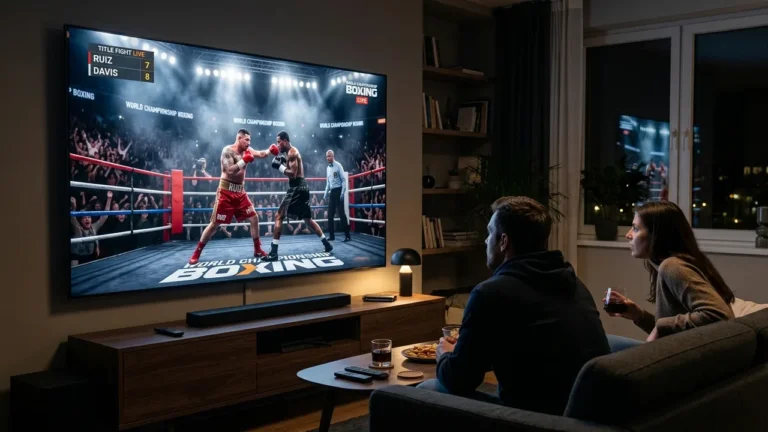 Championship boxing title fight streaming on big screen TV in UK home
