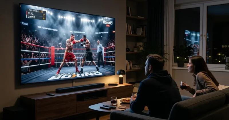 Championship boxing title fight streaming on big screen TV in UK home