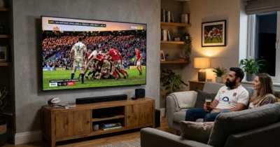 Six Nations rugby match broadcast on Smart TV in UK living room