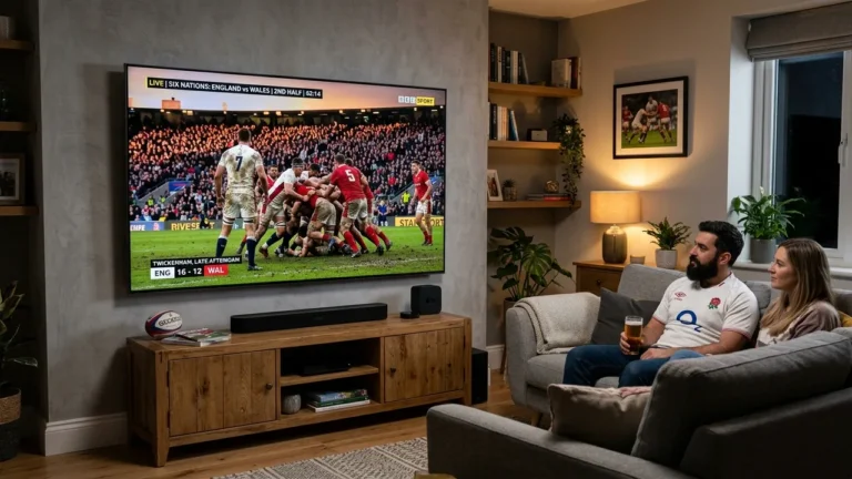 Six Nations rugby match broadcast on Smart TV in UK living room