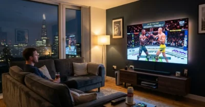 UFC title fight live stream on OLED TV in modern apartment