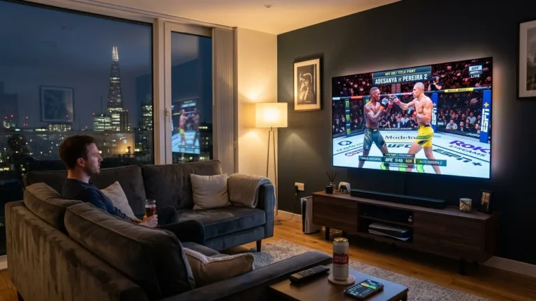UFC title fight live stream on OLED TV in modern apartment