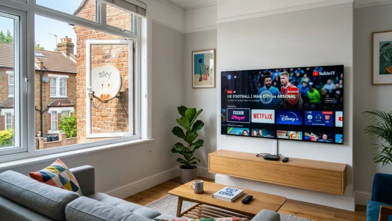 Best Cheaper Options:Cord cutting setup with compact streaming box and OLED TV contrasting obsolete satellite dish