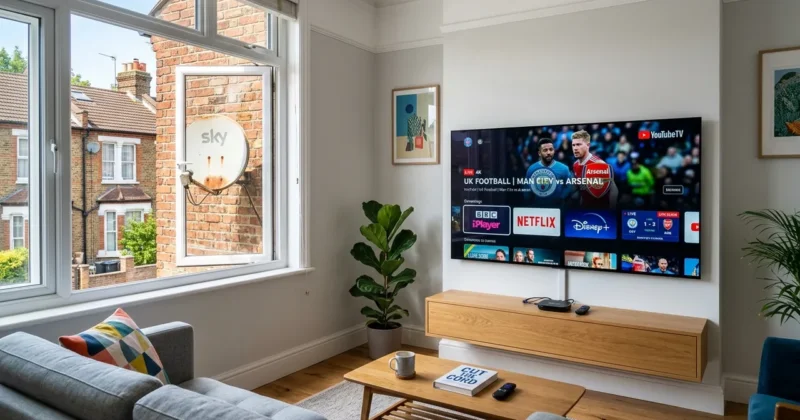 Best Cheaper Options:Cord cutting setup with compact streaming box and OLED TV contrasting obsolete satellite dish