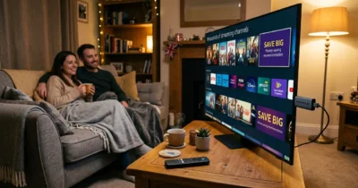 Top Value Services:Cost effective 4K streaming stick plugged into Smart TV in cozy UK living room