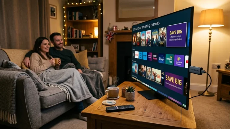 Top Value Services:Cost effective 4K streaming stick plugged into Smart TV in cozy UK living room