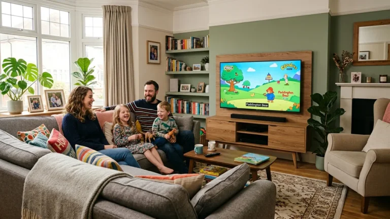 Family Channels & Safety:UK family sitting together watching animated cartoons and family films on 4K Smart TV