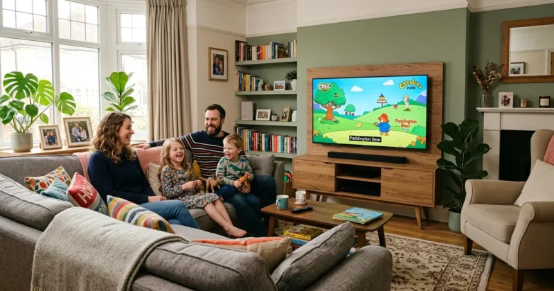 Family Channels & Safety:UK family sitting together watching animated cartoons and family films on 4K Smart TV