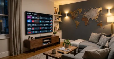 World Channels Guide:Modern UK living room with large 4K Smart TV displaying global international TV channels and world cinema
