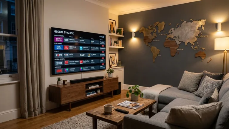 World Channels Guide:Modern UK living room with large 4K Smart TV displaying global international TV channels and world cinema