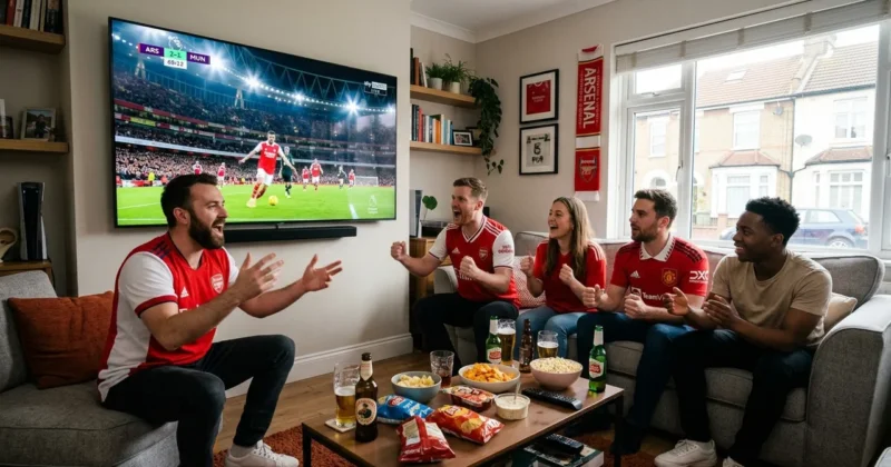 Every Match Live:Friends gathered around 75-inch screen cheering during live Premier League football match