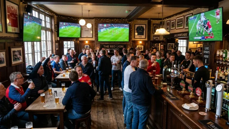 Traditional British sports pub with multiple wall-mounted 4K screens broadcasting live sports matches
