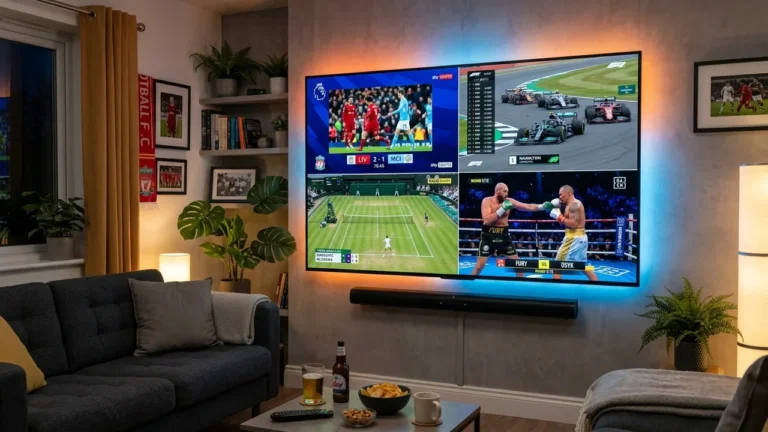 Multi-view live sports streaming on giant 4K Smart TV in UK lounge