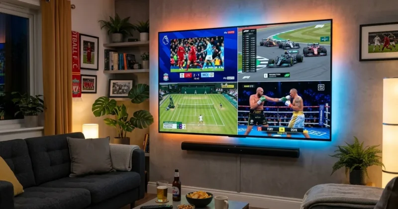 Multi-view live sports streaming on giant 4K Smart TV in UK lounge