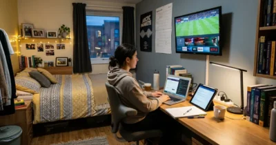 Cheap TV & Sports Guide:Student bedroom desk setup in UK with laptop, tablet, and compact Smart TV streaming live television
