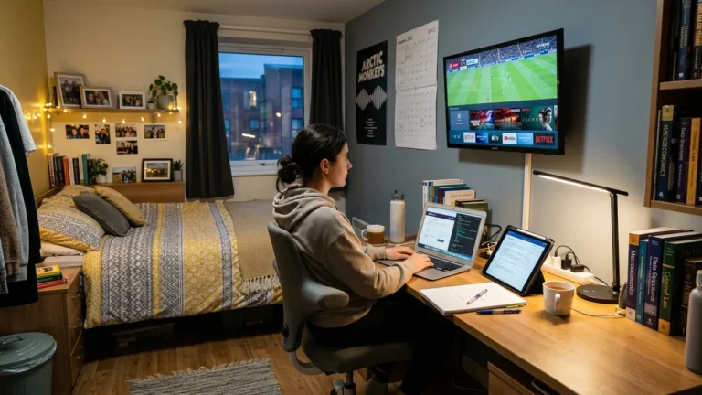 Cheap TV & Sports Guide:Student bedroom desk setup in UK with laptop, tablet, and compact Smart TV streaming live television