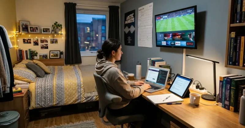 Cheap TV & Sports Guide:Student bedroom desk setup in UK with laptop, tablet, and compact Smart TV streaming live television