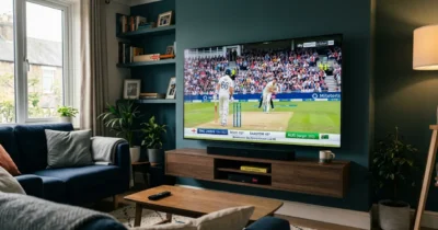 Live cricket match broadcast on 4K Smart TV in UK living room