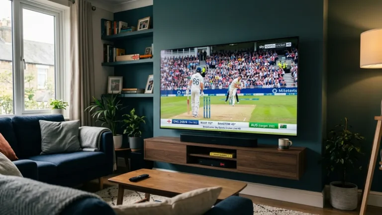 Live cricket match broadcast on 4K Smart TV in UK living room