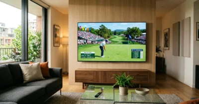Live golf tournament broadcast on OLED TV in modern UK lounge