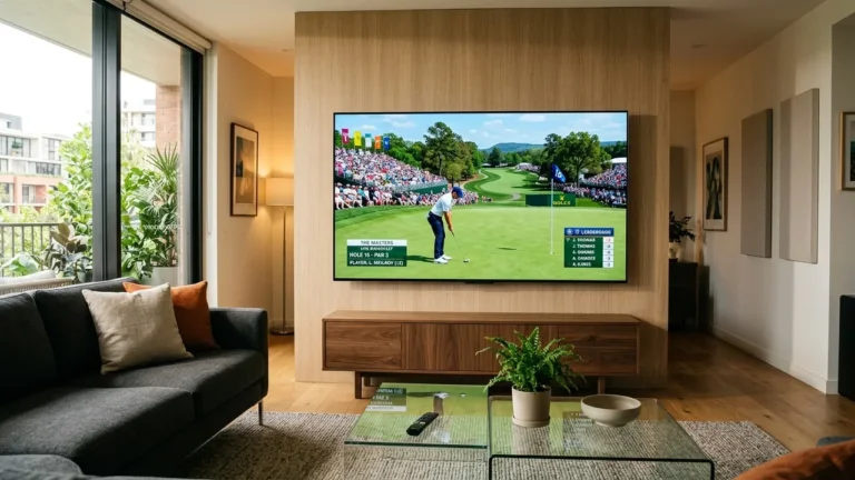 Live golf tournament broadcast on OLED TV in modern UK lounge