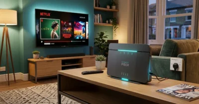 Setup & Download Guide:High speed fiber broadband router and 4K TV displaying digital IPTV stream connection