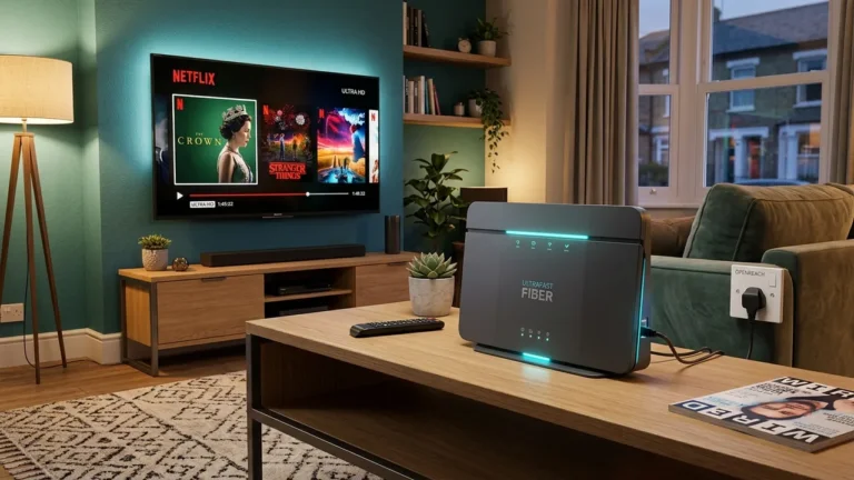 Setup & Download Guide:High speed fiber broadband router and 4K TV displaying digital IPTV stream connection