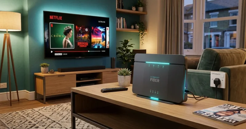 Setup & Download Guide:High speed fiber broadband router and 4K TV displaying digital IPTV stream connection