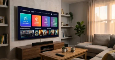 Setup Guide & Best Settings:IPTV Smarters Pro interface with live TV, movies, and series categories on 4K Smart TV