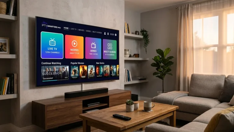 Setup Guide & Best Settings:IPTV Smarters Pro interface with live TV, movies, and series categories on 4K Smart TV