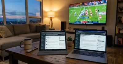 Community Recommendations & Reviews Guide:iPad and laptop on coffee table displaying online tech community forums next to 4K TV playing live sports