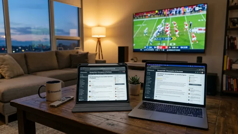 Community Recommendations & Reviews Guide:iPad and laptop on coffee table displaying online tech community forums next to 4K TV playing live sports