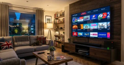 Full Comparison & Savings:UK living room with 4K TV showing comprehensive TV guide and high speed fiber connection