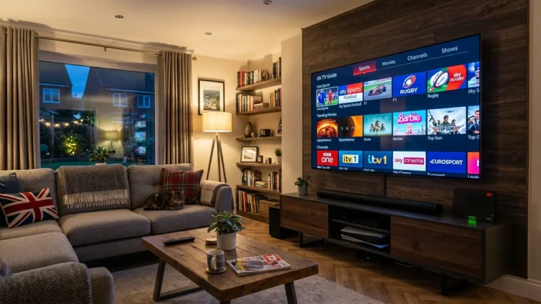 Full Comparison & Savings:UK living room with 4K TV showing comprehensive TV guide and high speed fiber connection